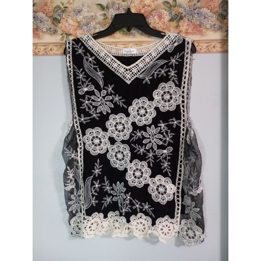 Sapphire Small Black Embroidered Floral Sheer Romantic Cottagecore Boho Top